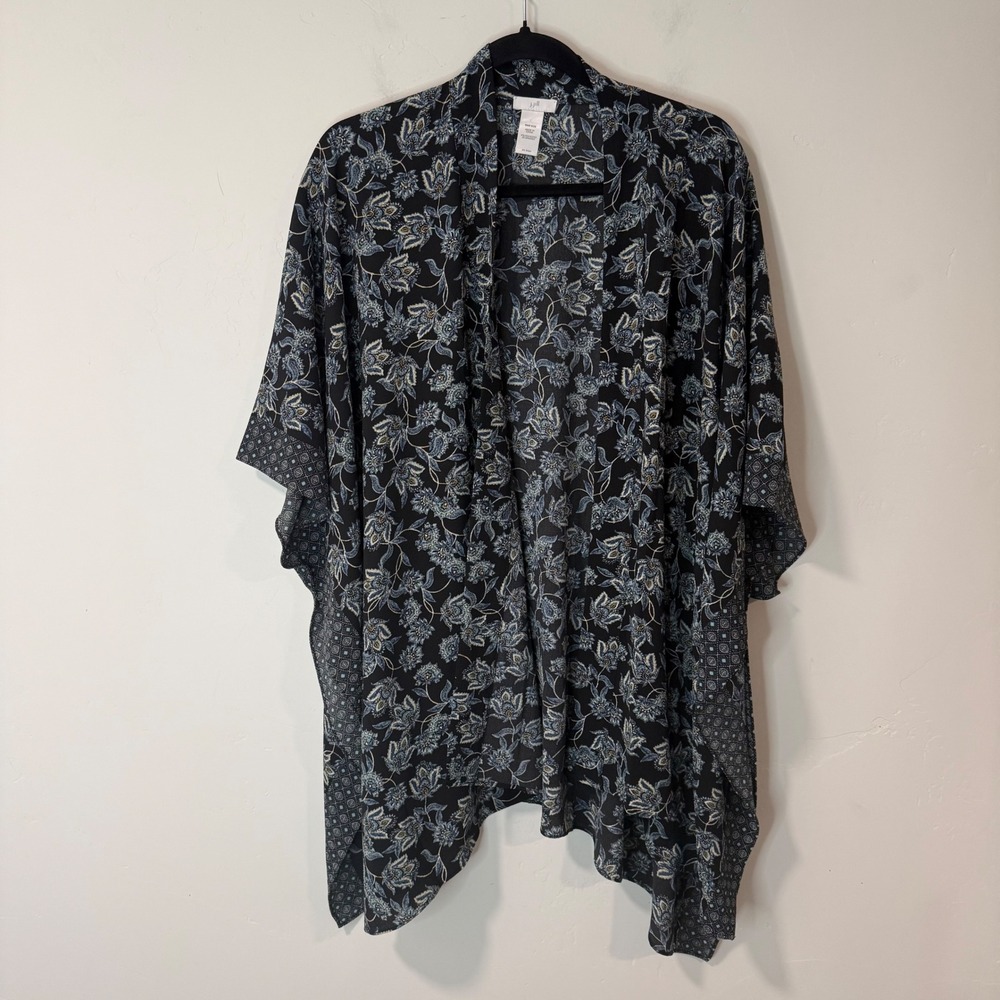 J. Jill Womens Kimono One Size Black Floral Excellent Open Front Wrap Cardigan